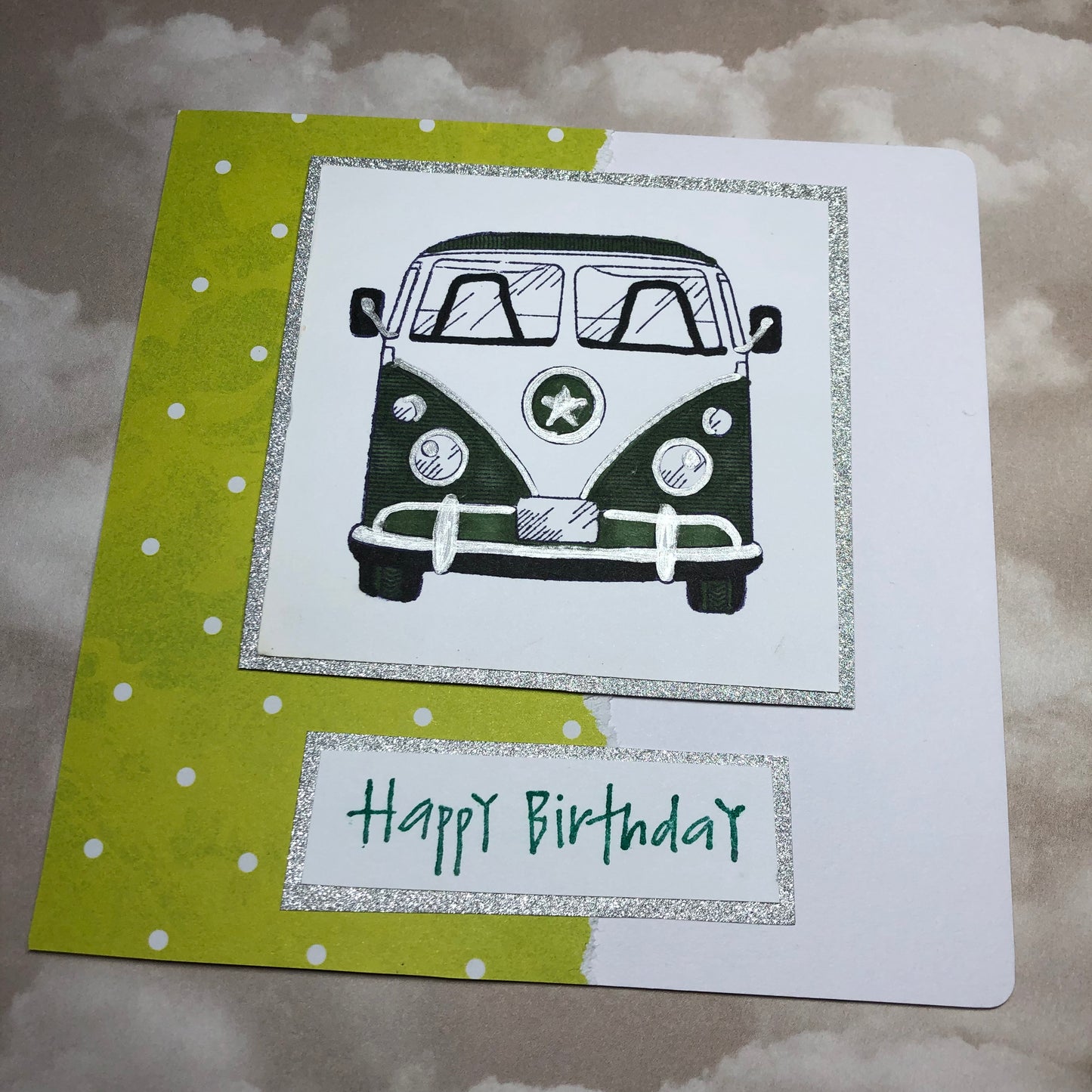 Lime green handmade campervan greeting card