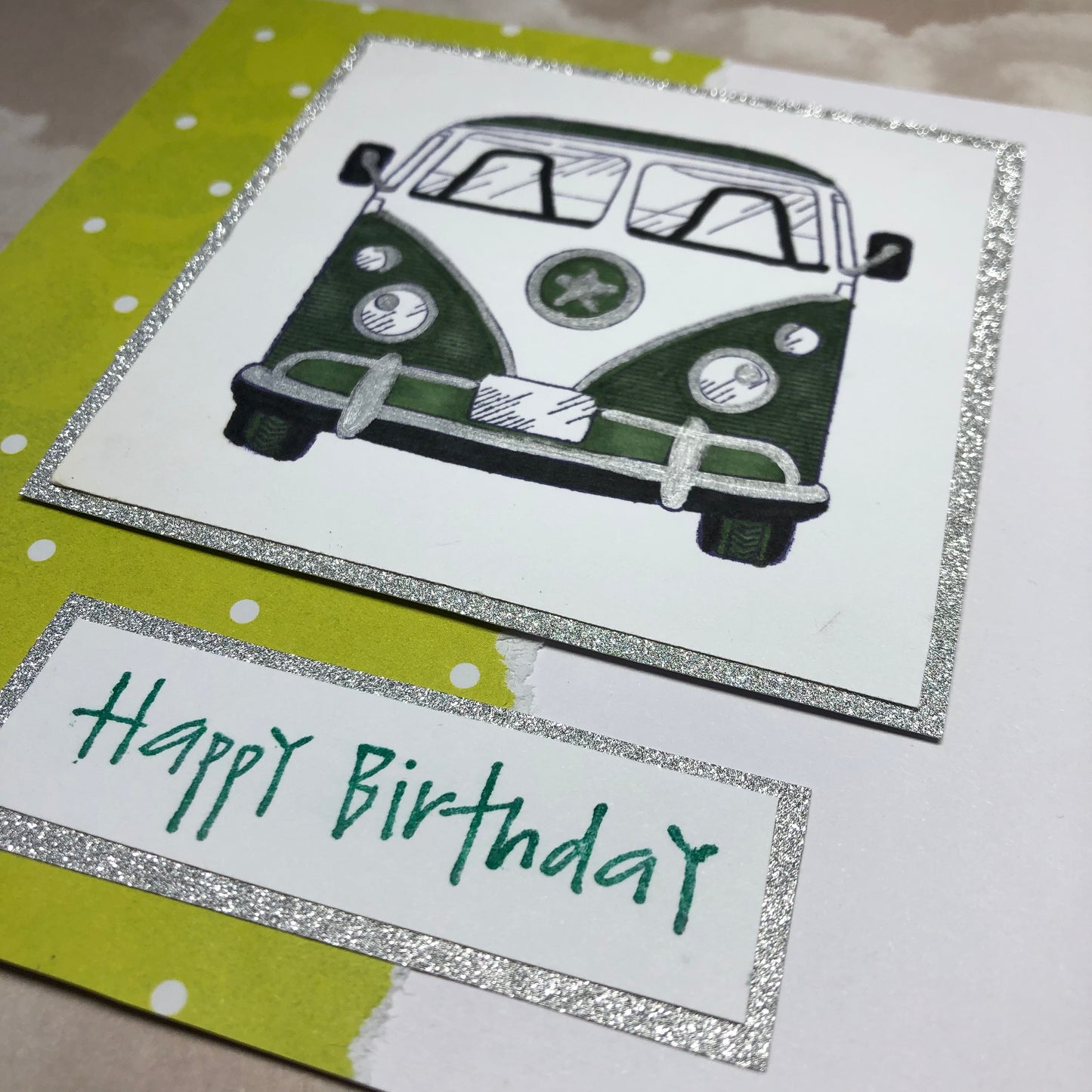 Lime green handmade campervan greeting card