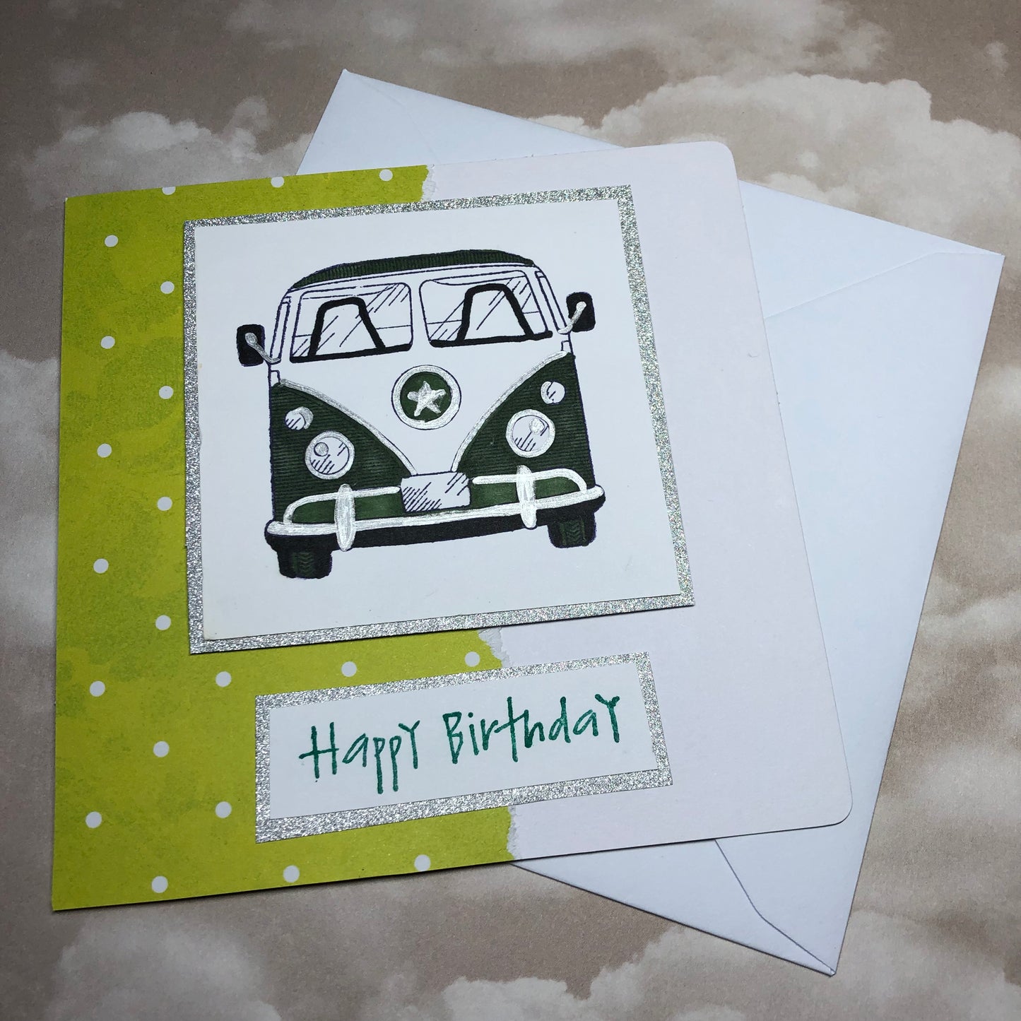 Lime green handmade campervan greeting card