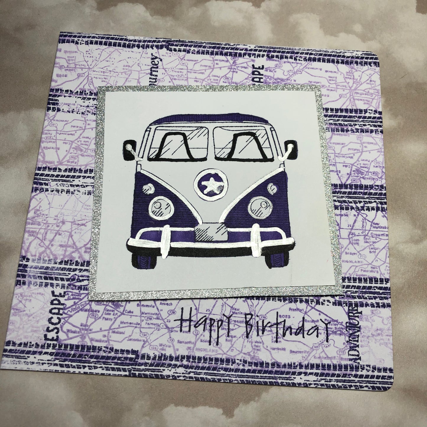 Purple handmade campervan greeting card