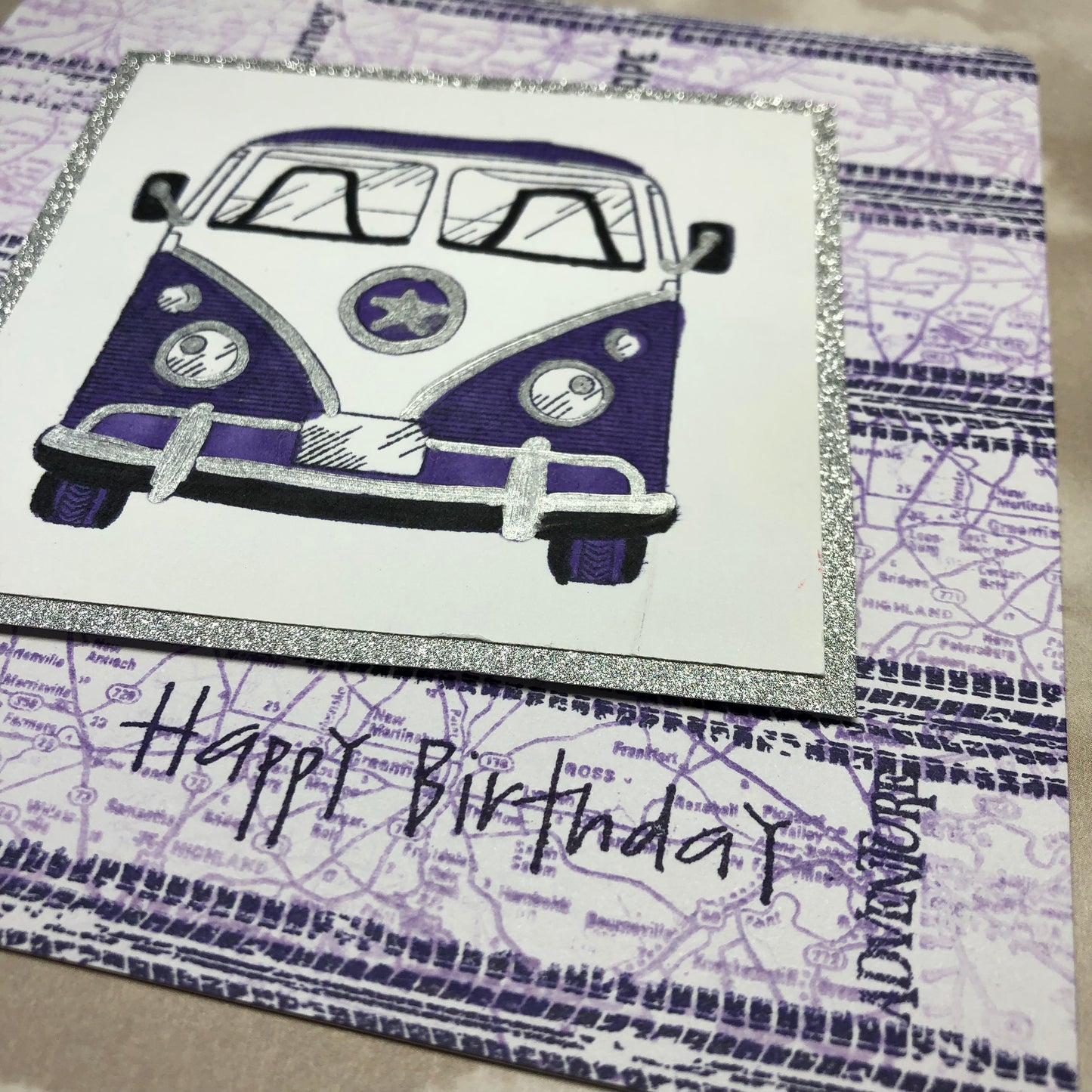 Purple handmade campervan greeting card