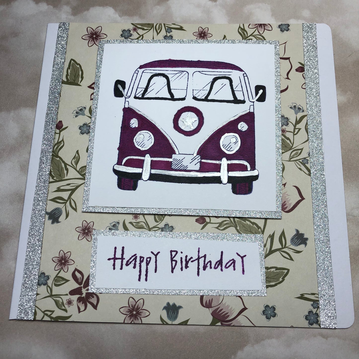 Burgundy handmade campervan greeting card