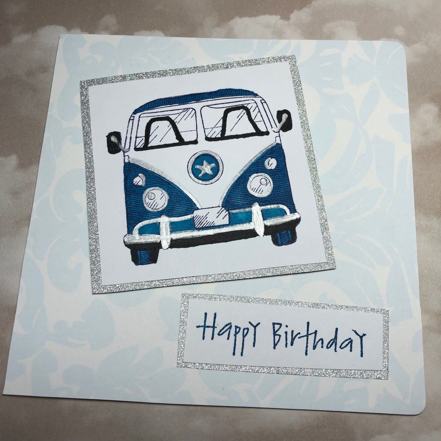 Blue handmade campervan greeting card