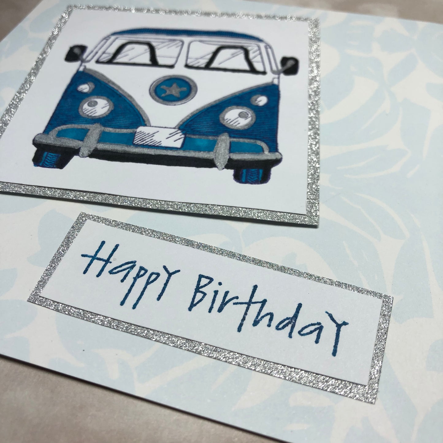 Blue handmade campervan greeting card