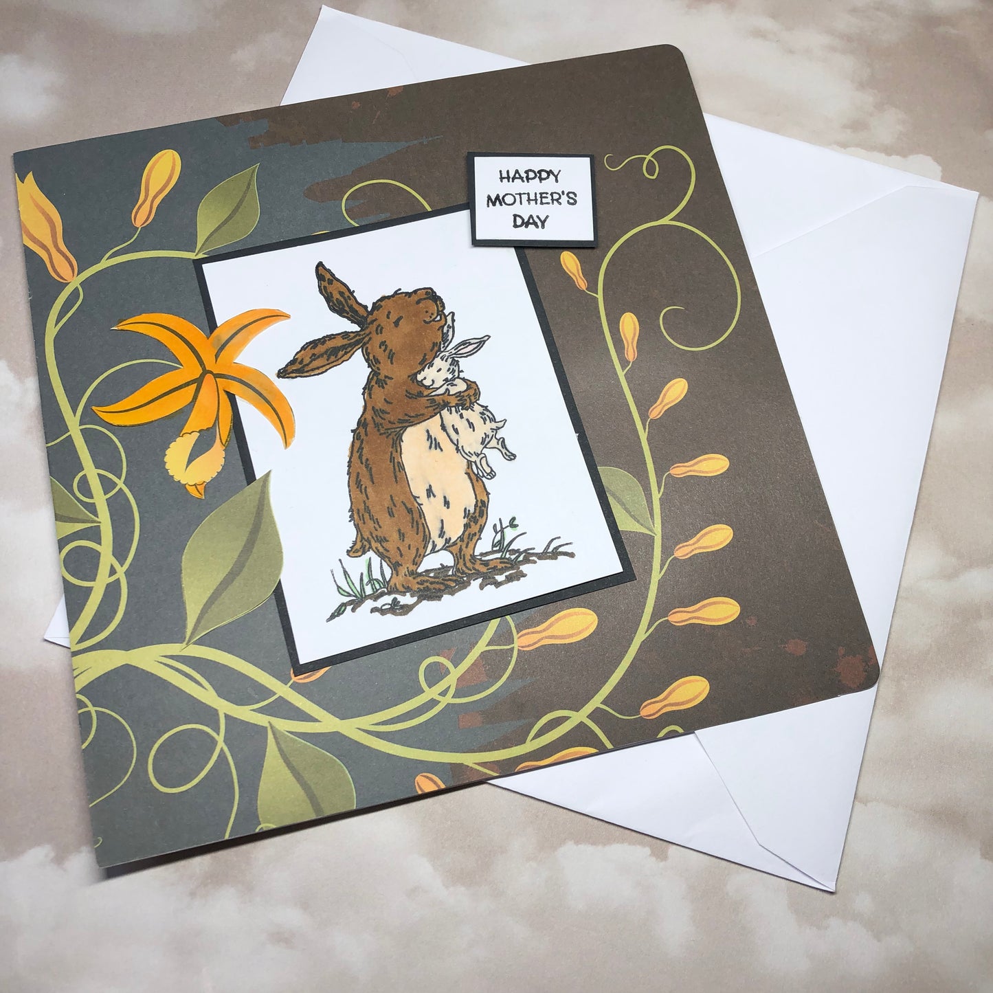 Bunny hug Mother’s Day square handmade greeting card