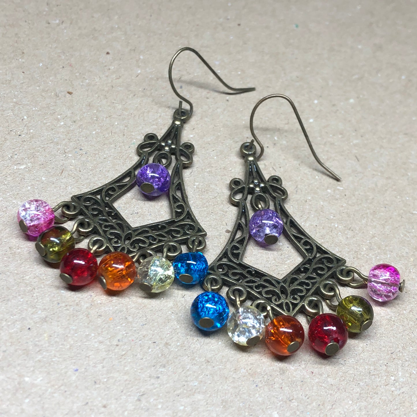 Rainbow crackle glass chandelier earrings