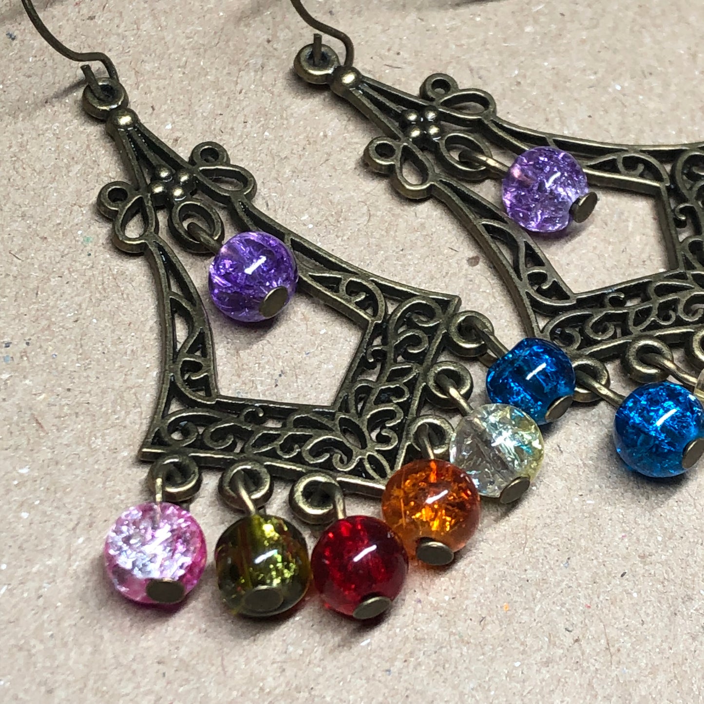 Rainbow crackle glass chandelier earrings