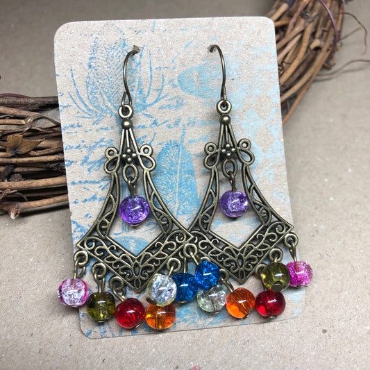 Rainbow crackle glass chandelier earrings