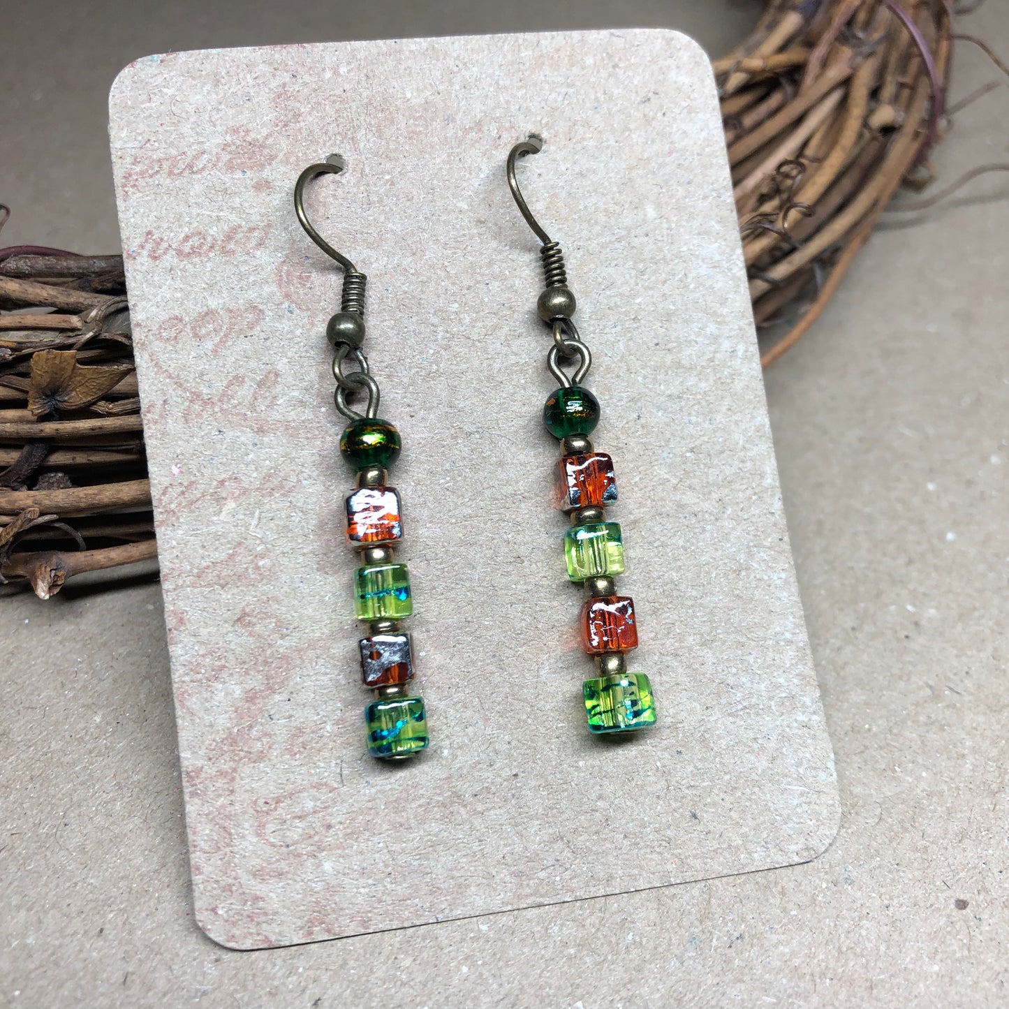 Tangerine and lime green glass cube earrings