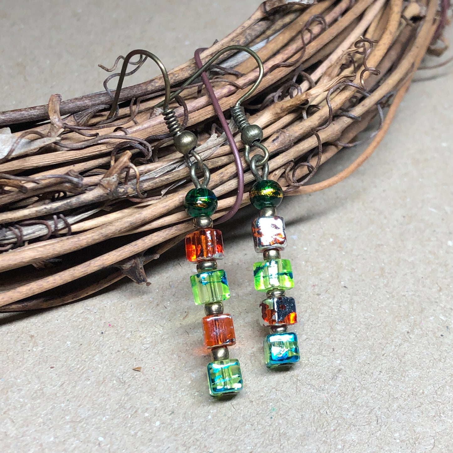 Tangerine and lime green glass cube earrings