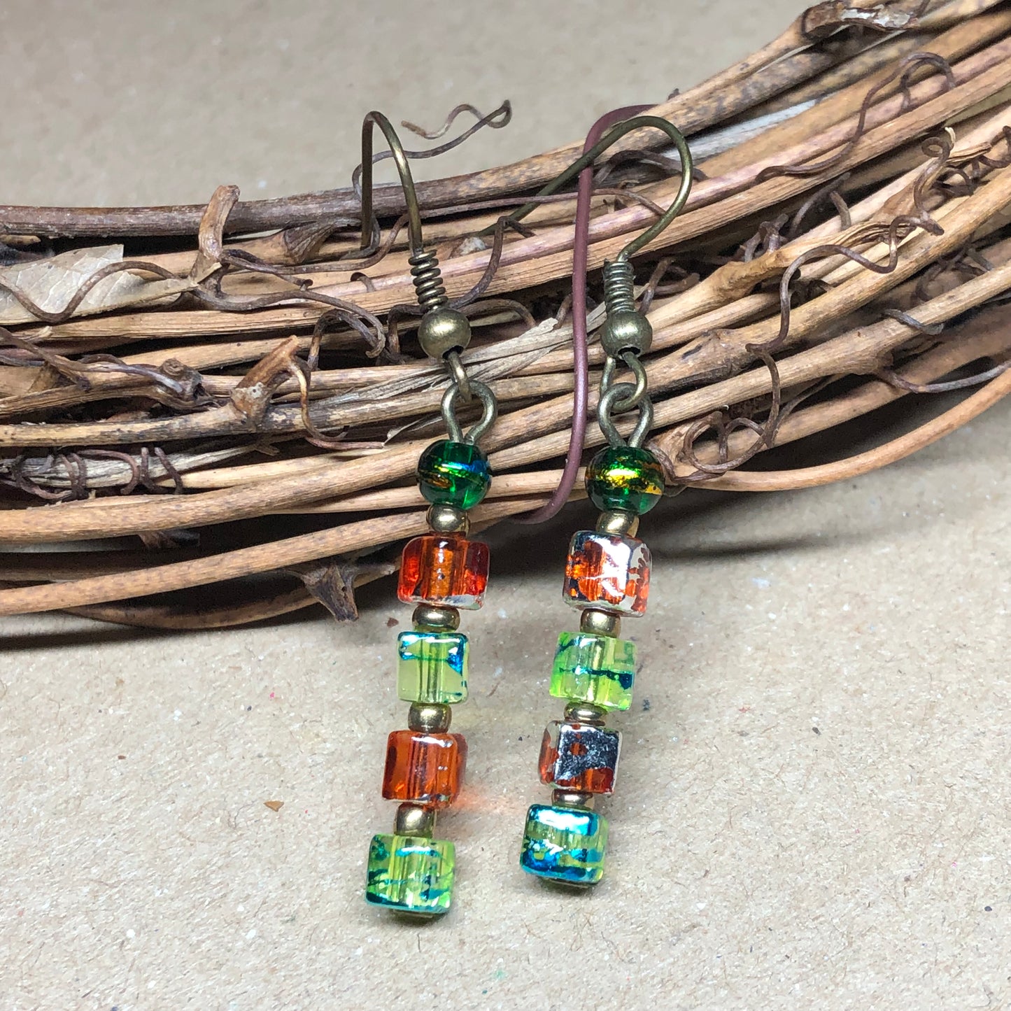 Tangerine and lime green glass cube earrings