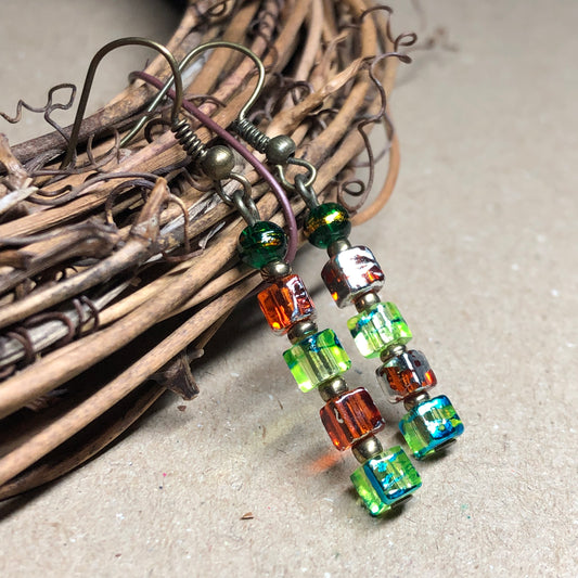 Tangerine and lime green glass cube earrings