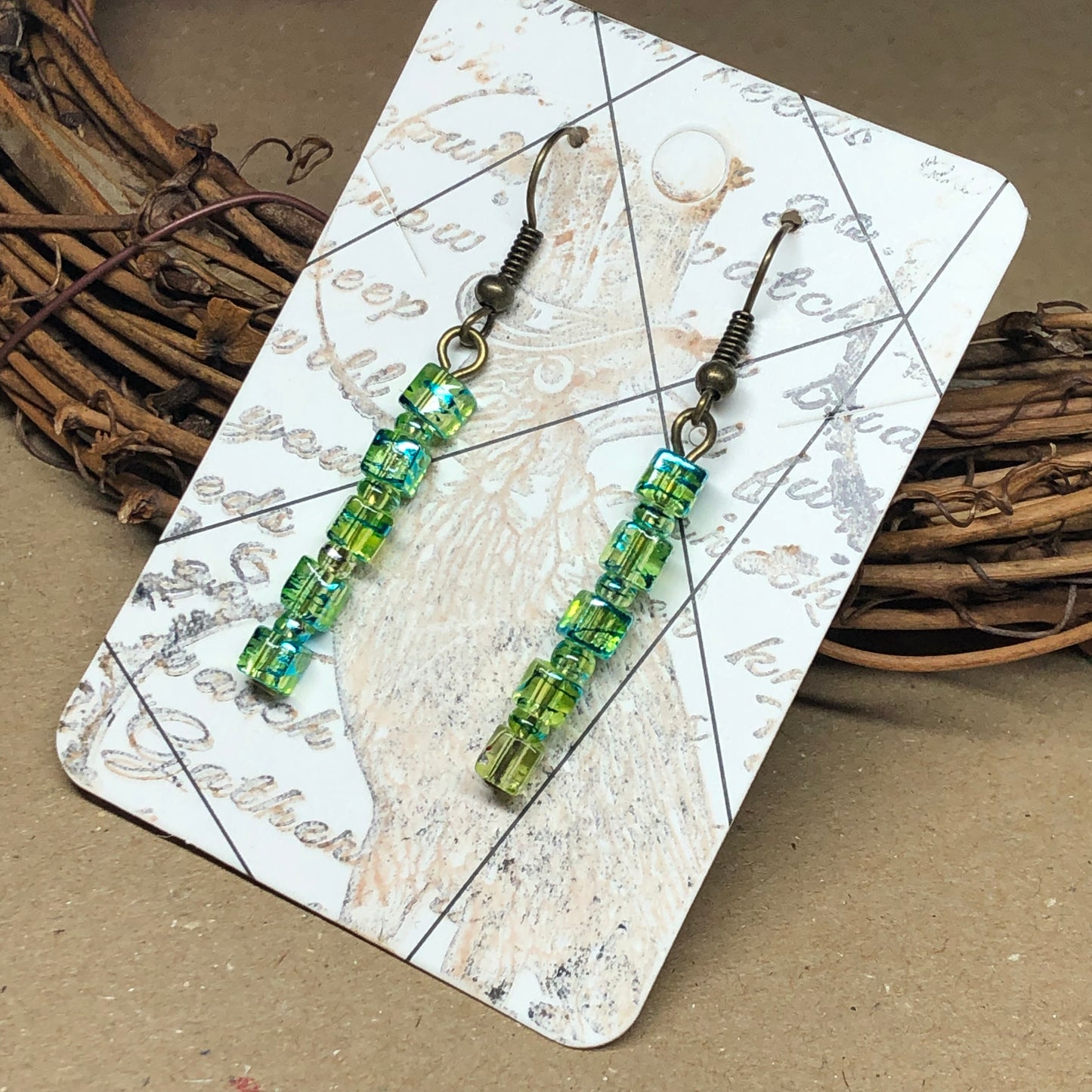 Bronze lime green glass cube earrings