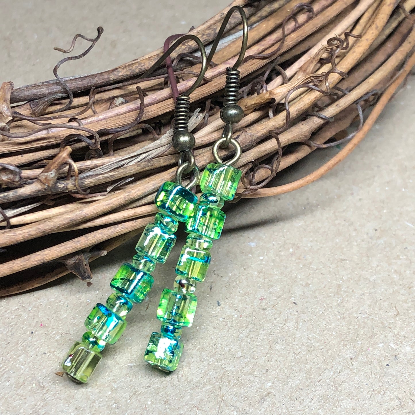 Bronze lime green glass cube earrings