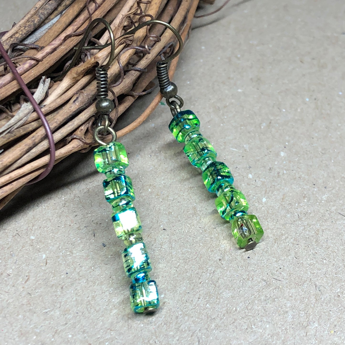 Bronze lime green glass cube earrings