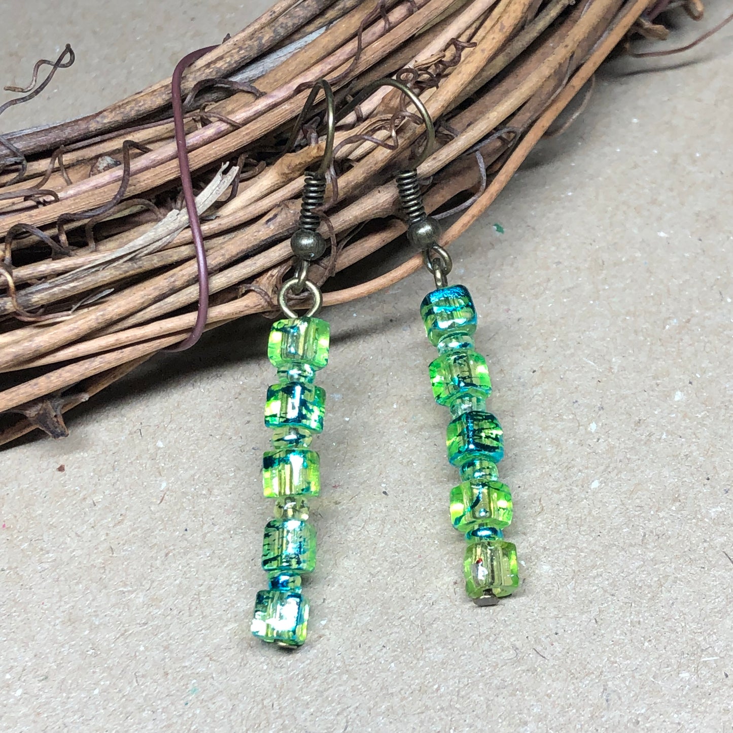 Bronze lime green glass cube earrings