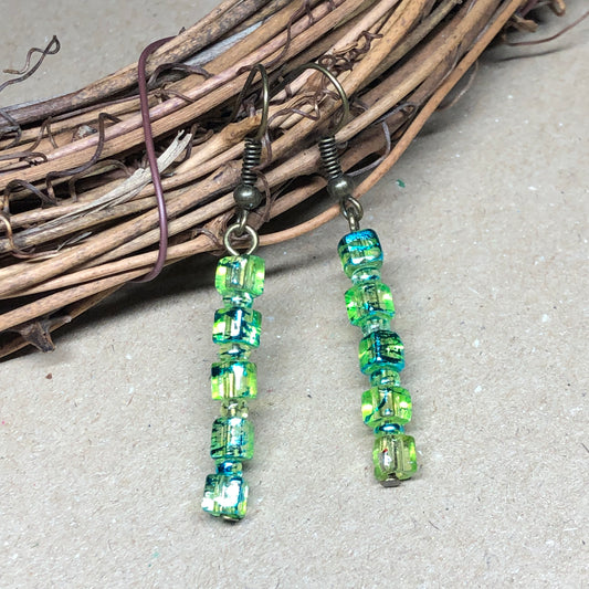 Bronze lime green glass cube earrings