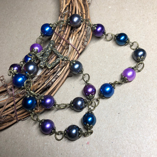 Purple, blue and silver glass pearl necklace