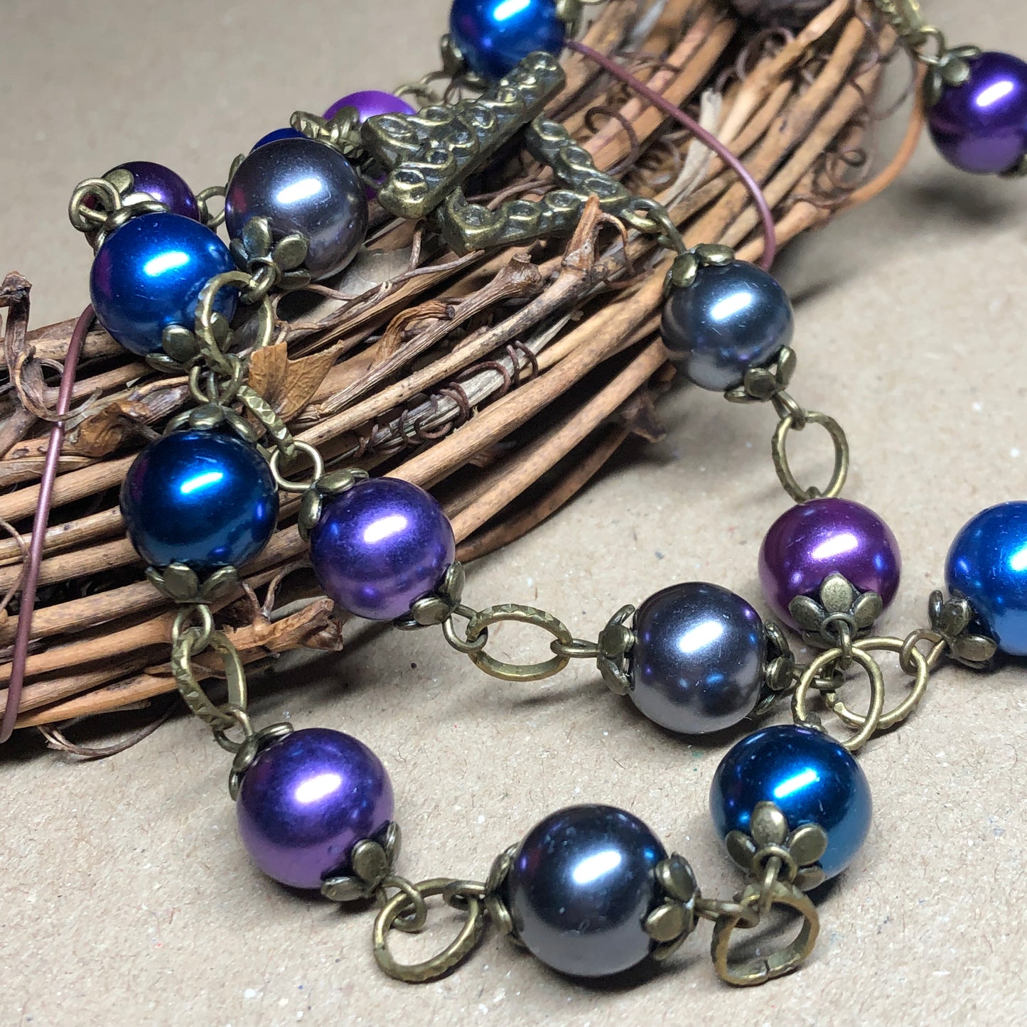 Purple, blue and silver glass pearl necklace