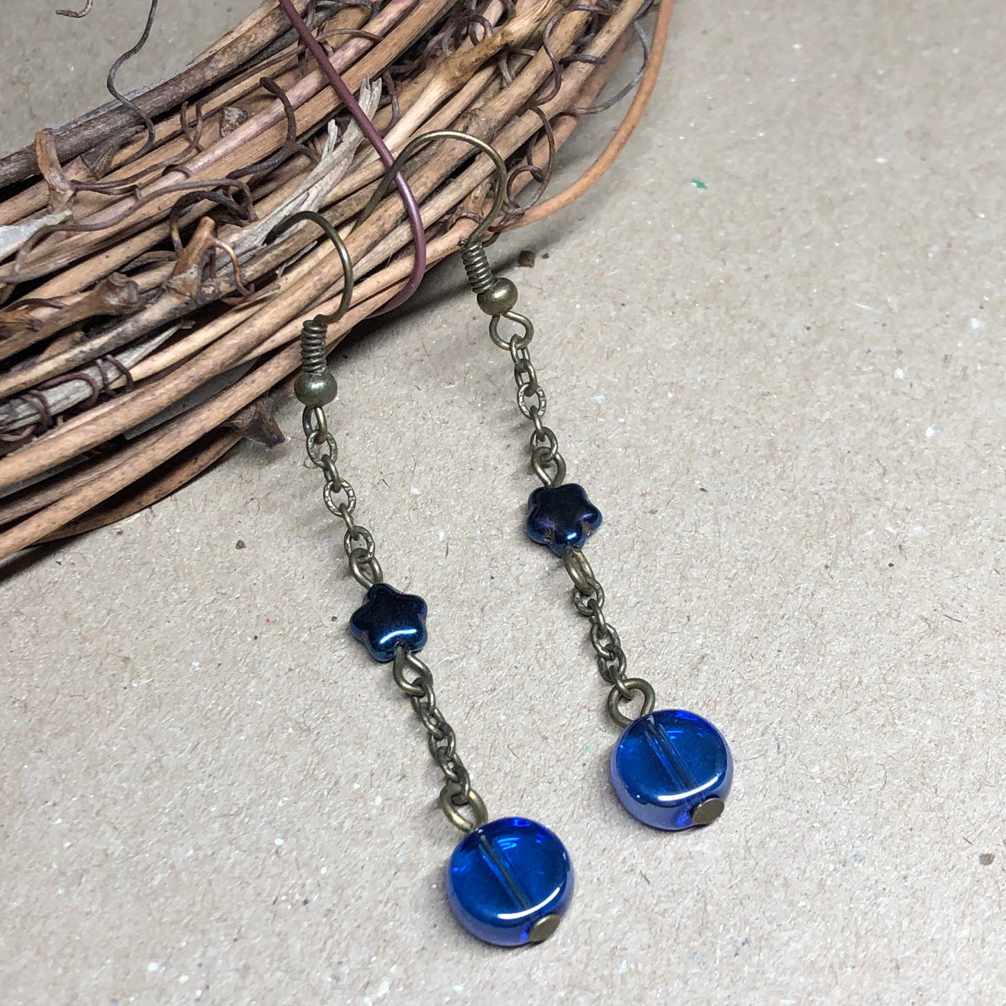 Long cobalt coin and star glass earrings