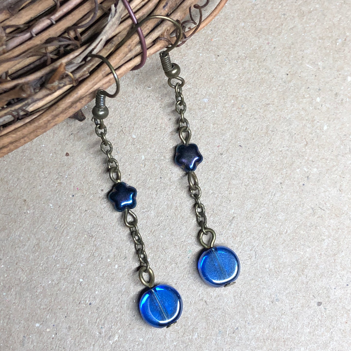 Long cobalt coin and star glass earrings