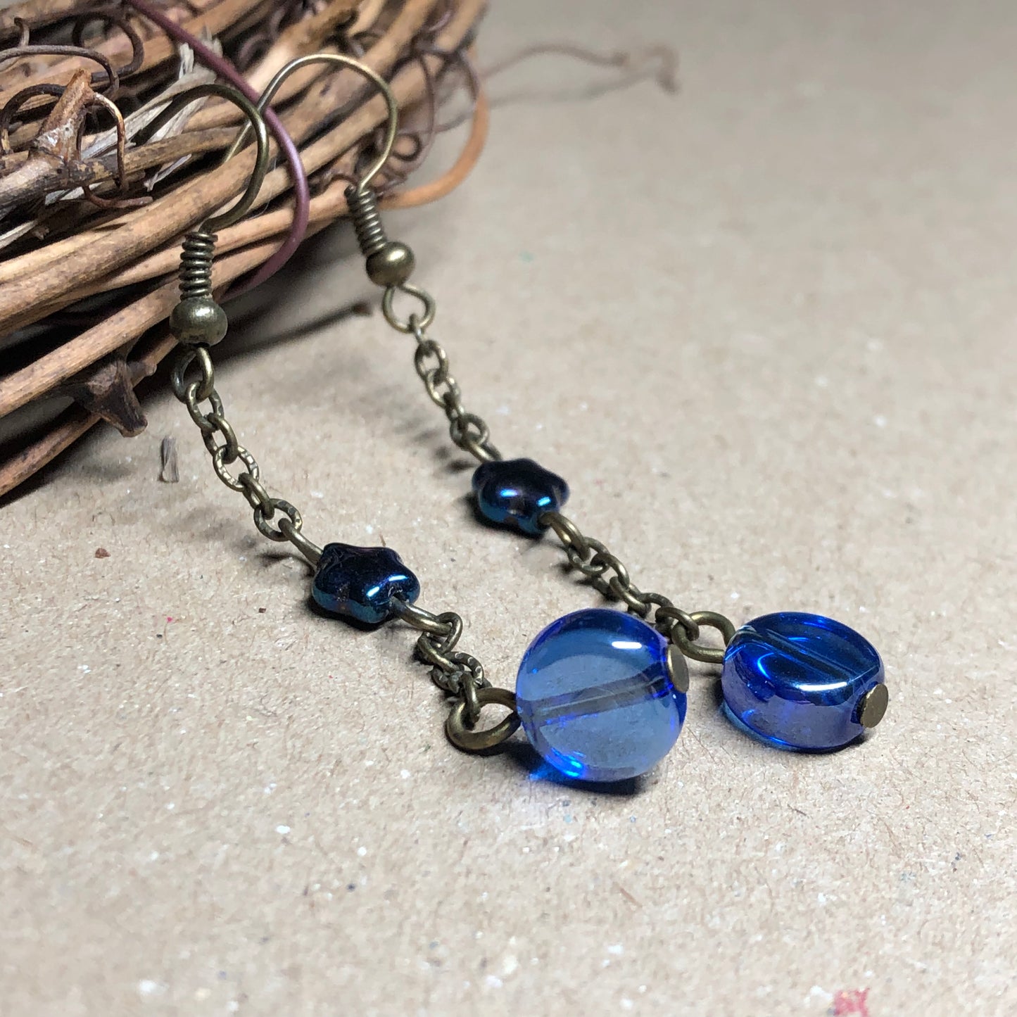 Long cobalt coin and star glass earrings