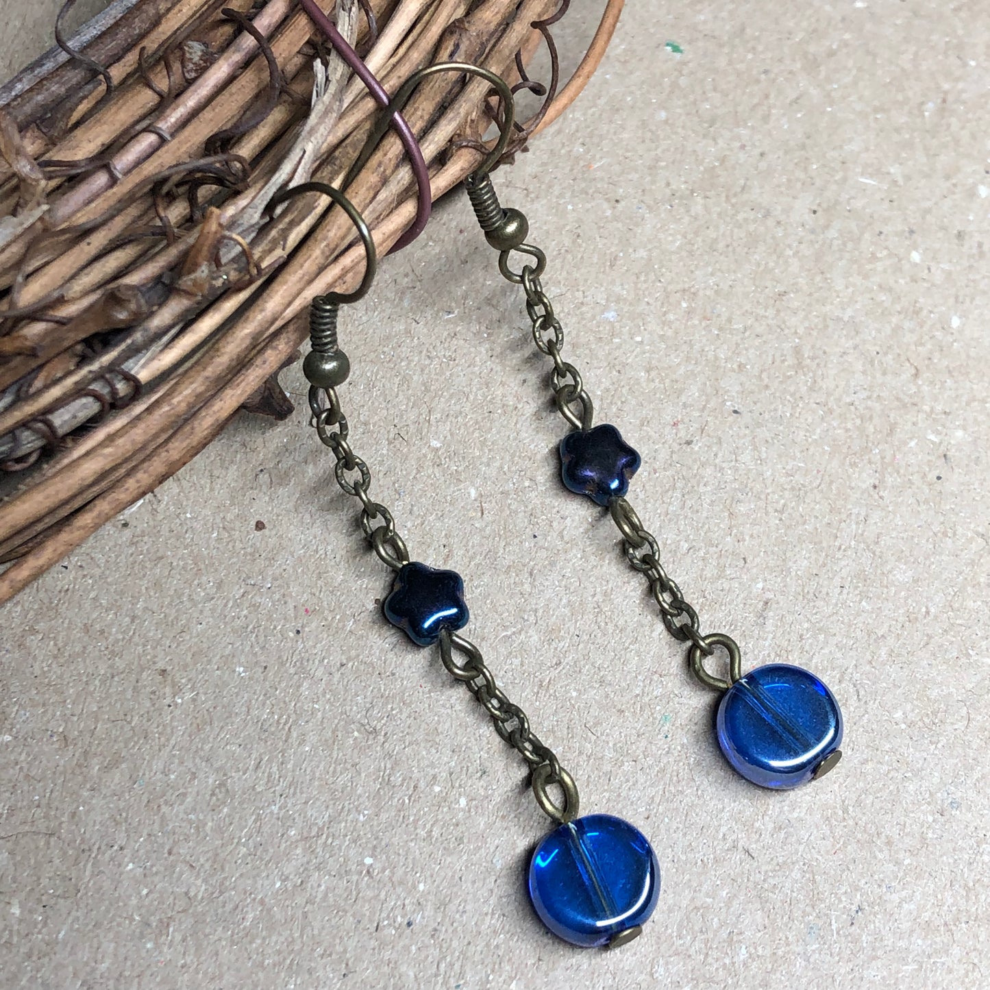 Long cobalt coin and star glass earrings