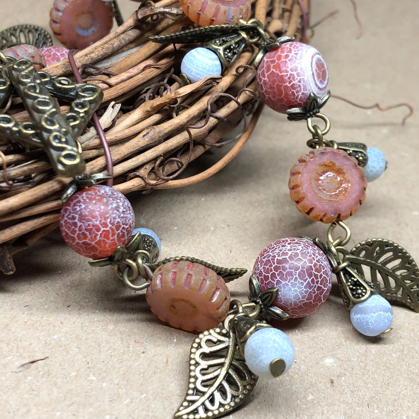 Woody Garden - Agate and glass bronze bracelet