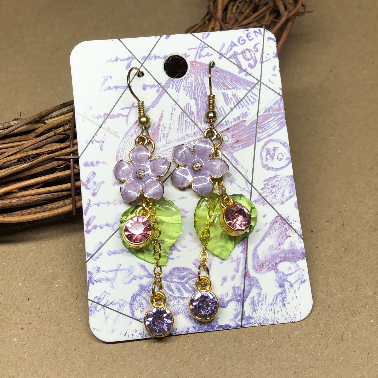 Lilac enamel flower dangle earrings