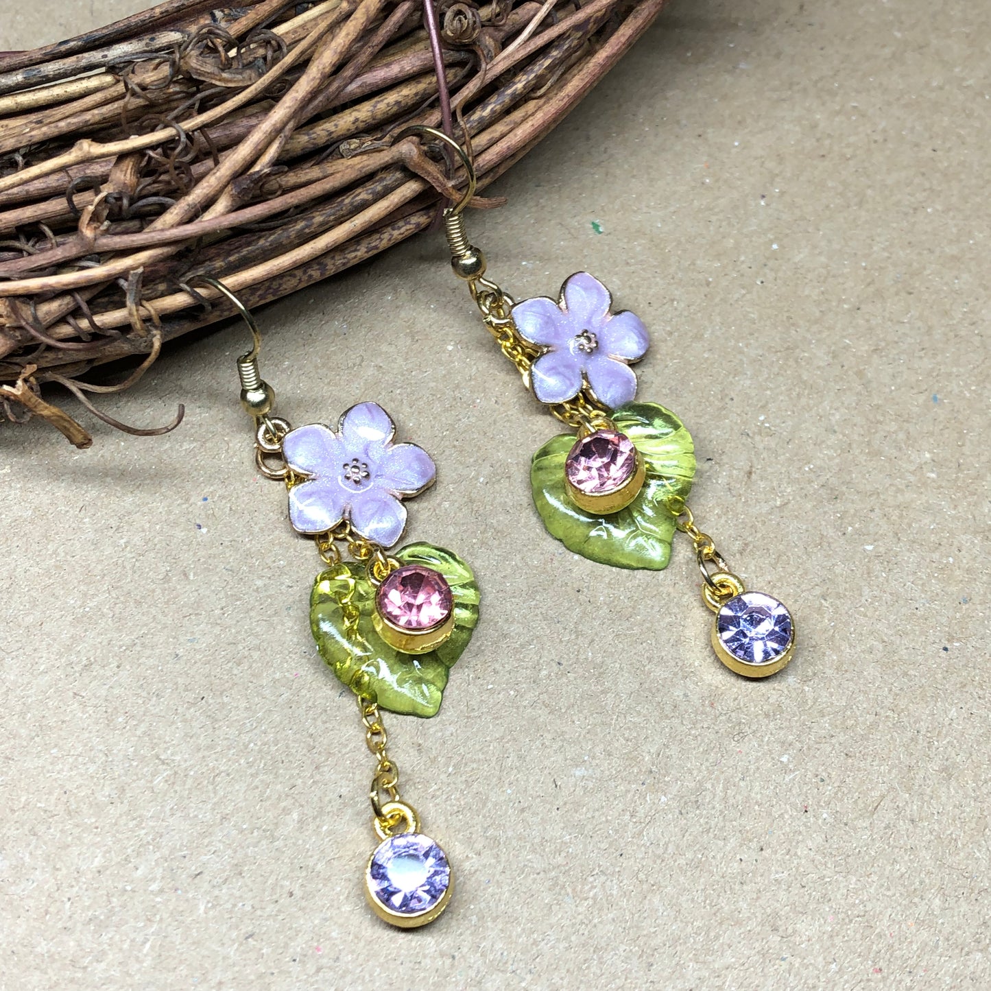 Lilac enamel flower dangle earrings