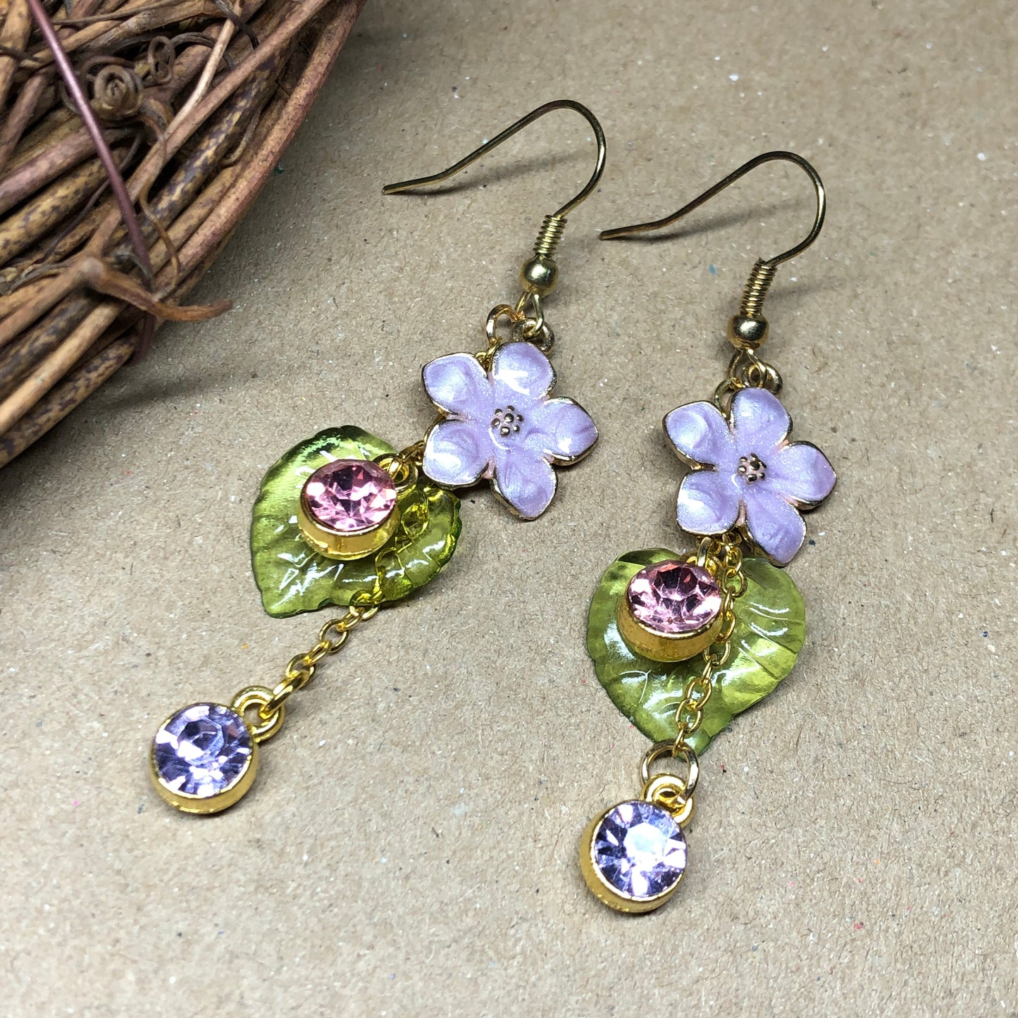 Lilac enamel flower dangle earrings