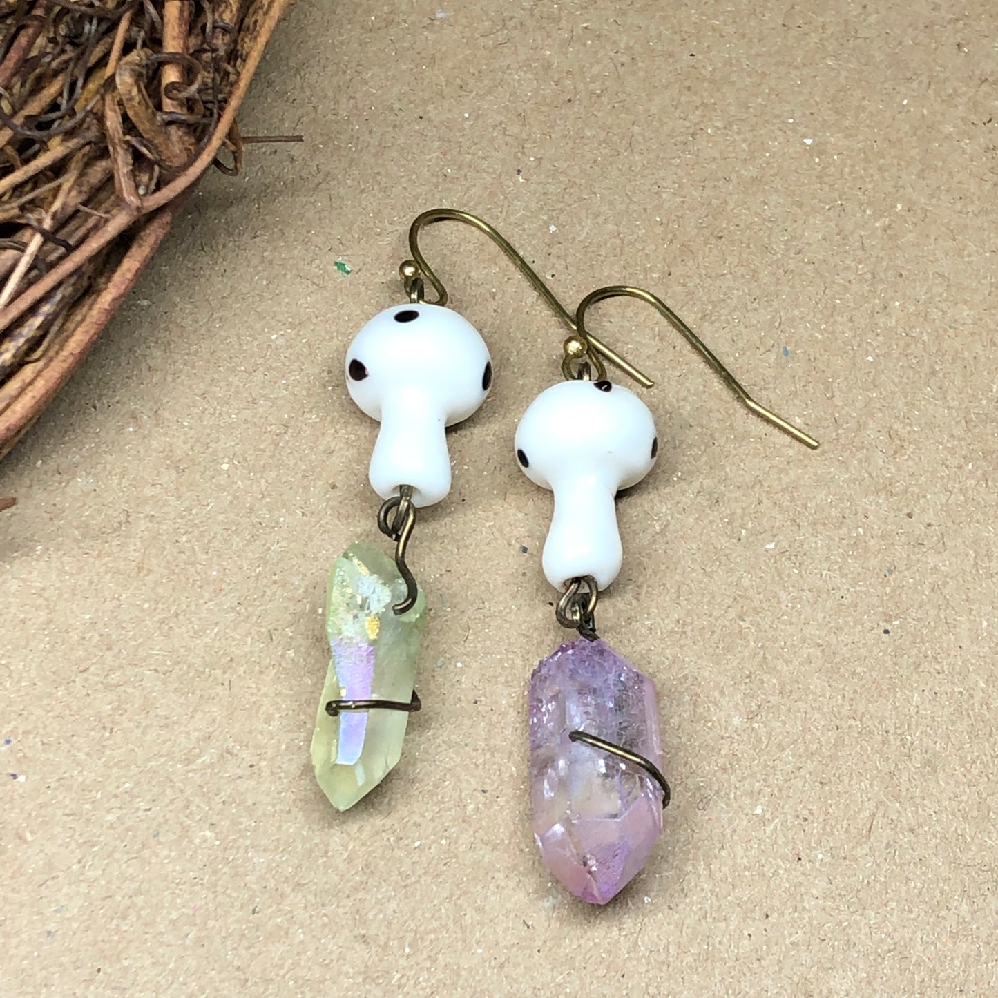 Mismatched white mushroom crystal earrings