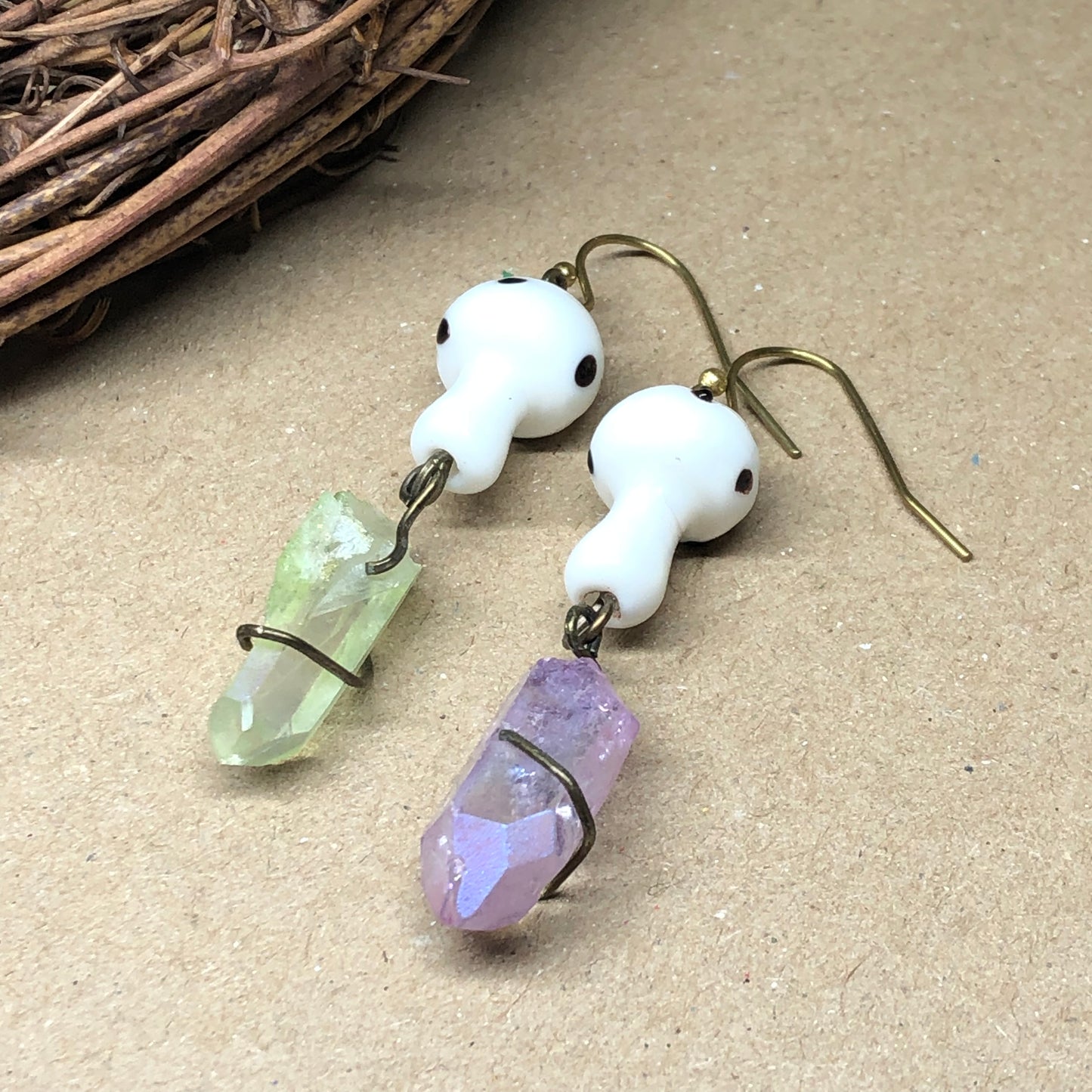 Mismatched white mushroom crystal earrings