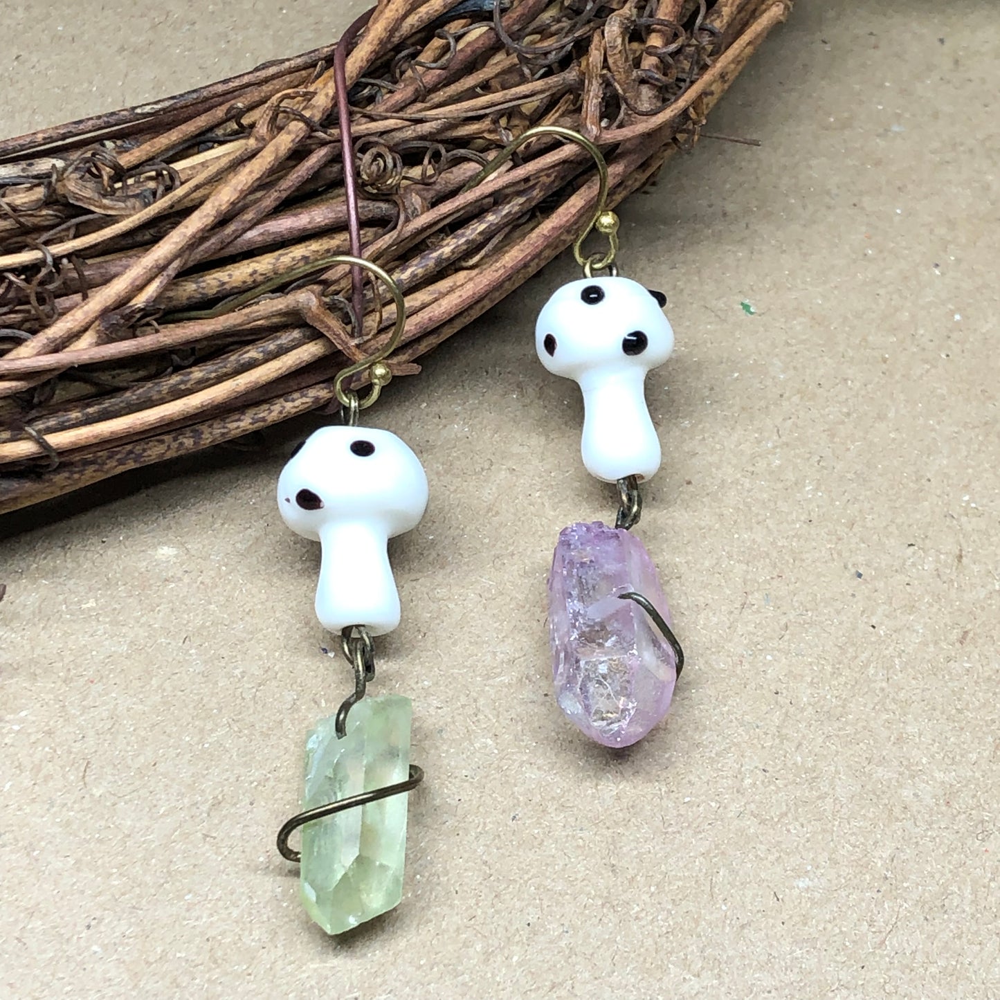 Mismatched white mushroom crystal earrings