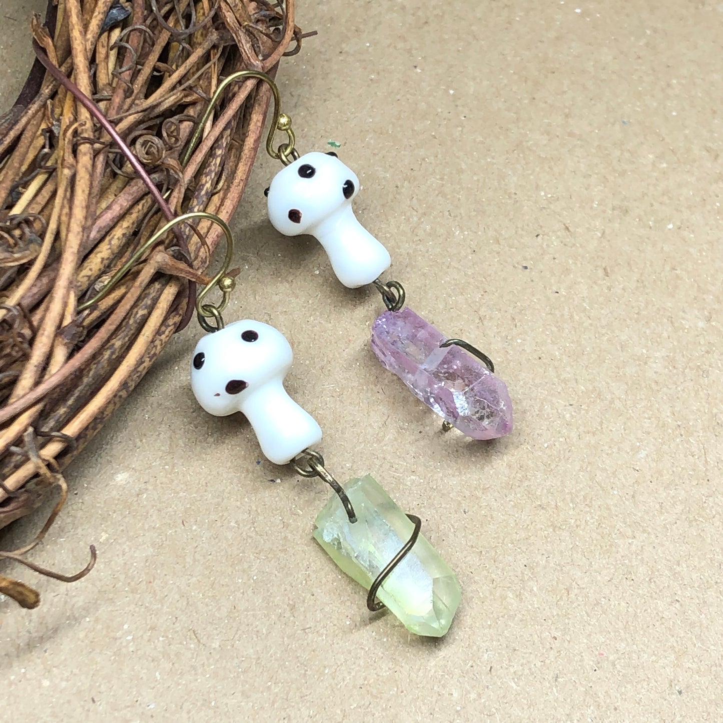 Mismatched white mushroom crystal earrings