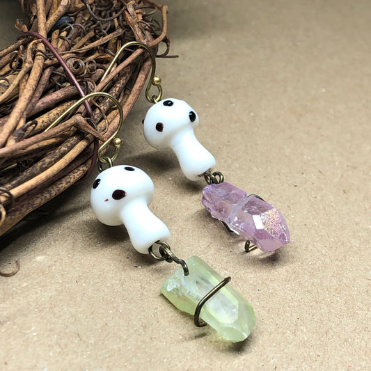 Mismatched white mushroom crystal earrings