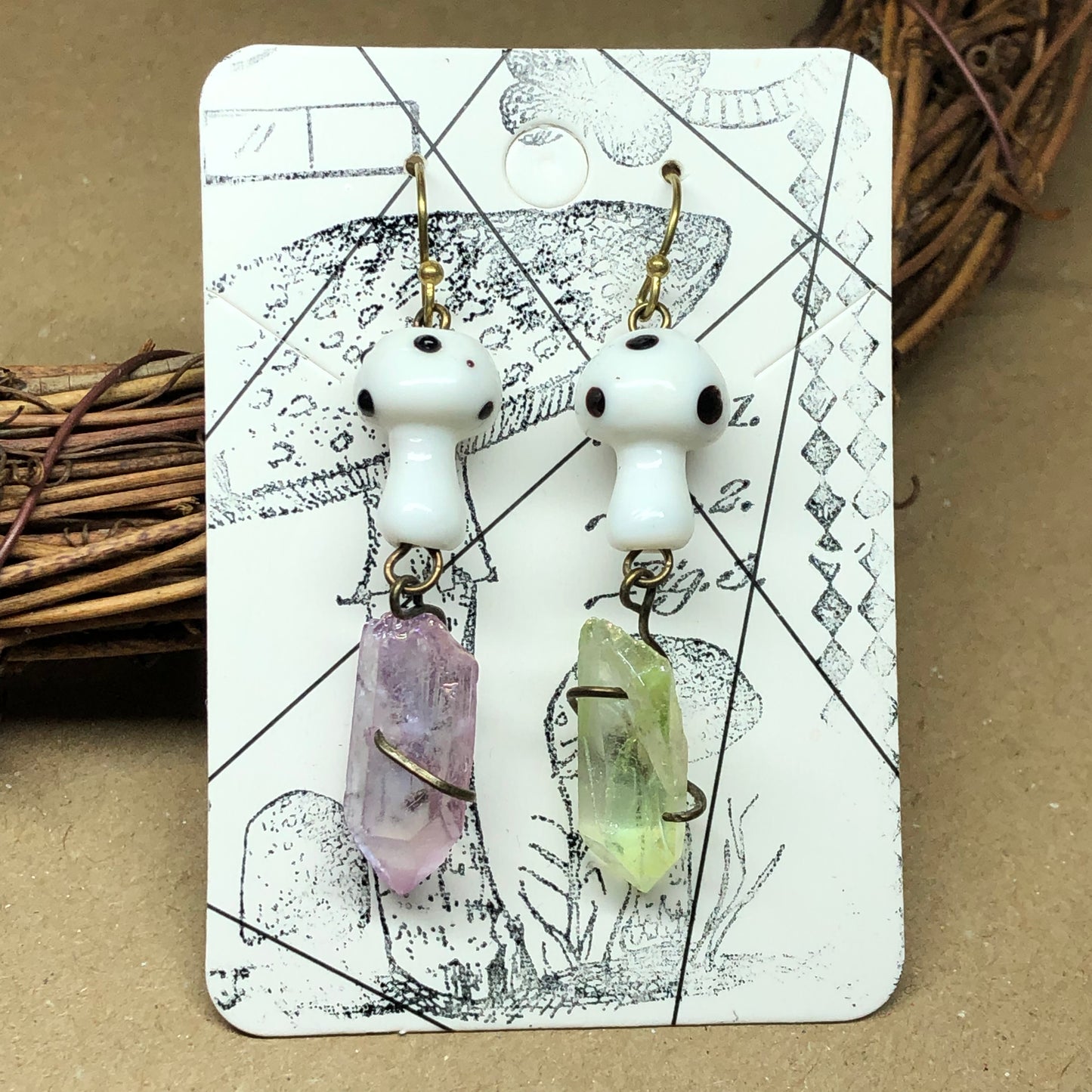 Mismatched white mushroom crystal earrings