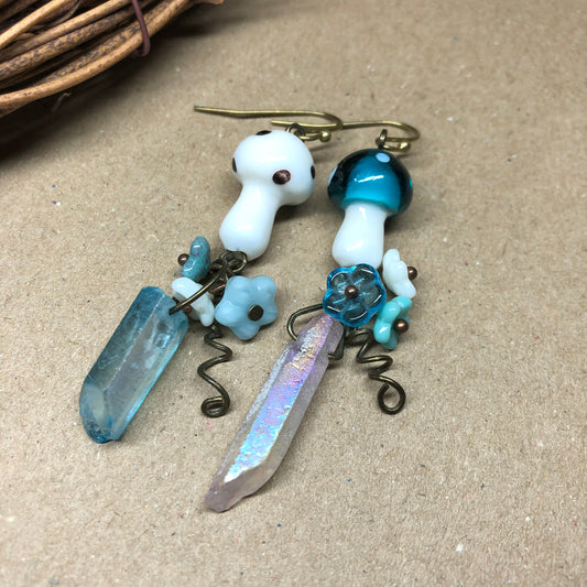 Teal and white mushroom crystal earrings