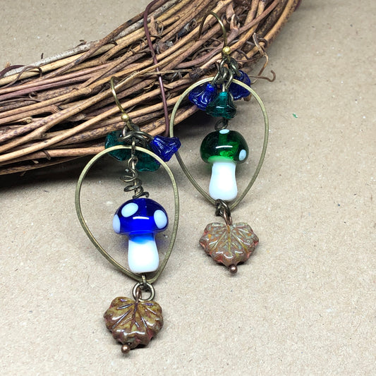 Blue and green mushroom crystal earrings