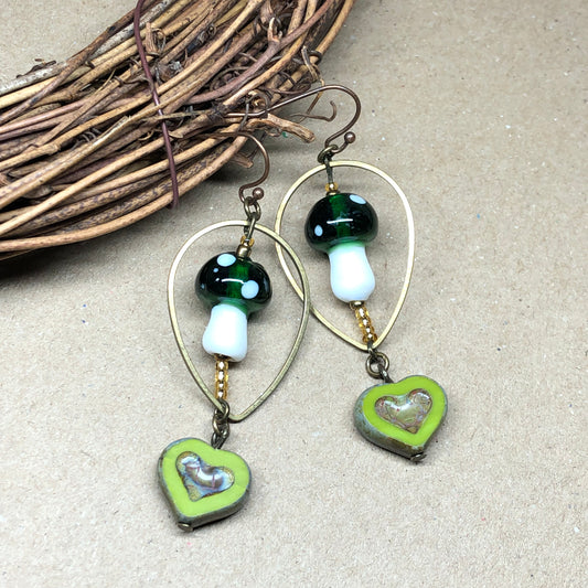 Green and white mushroom heart earrings