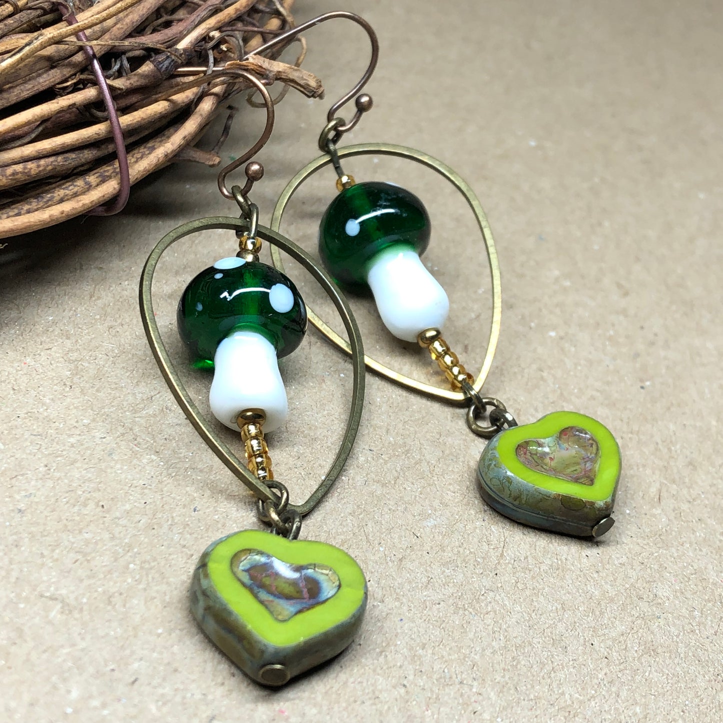 Green and white mushroom heart earrings