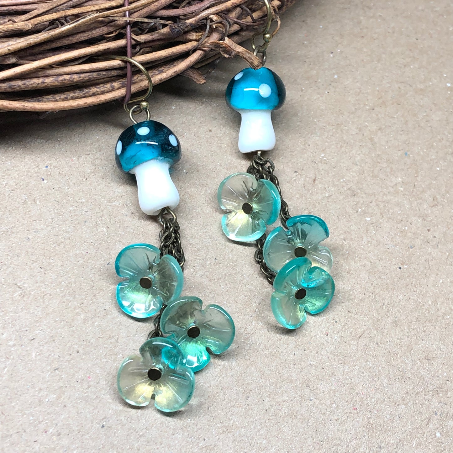 Teal and white mushroom floral earrings