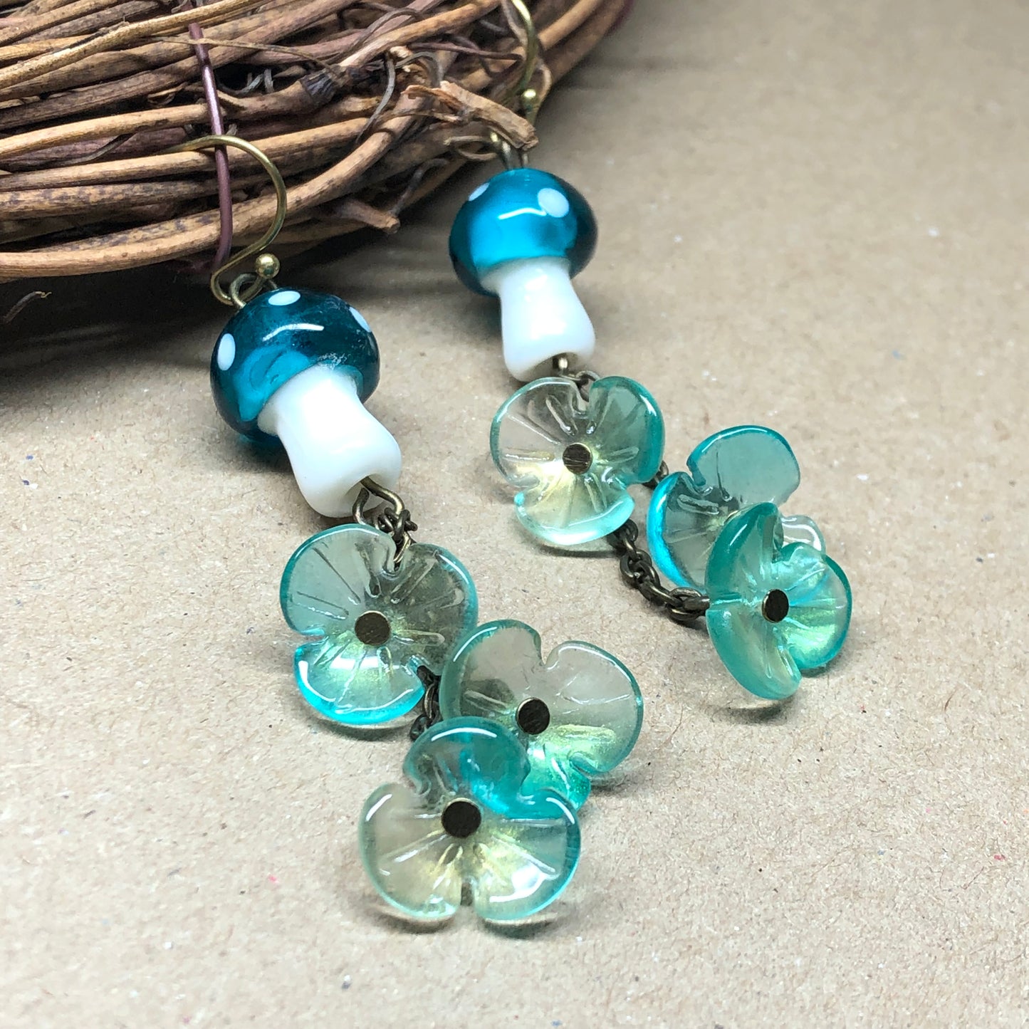 Teal and white mushroom floral earrings