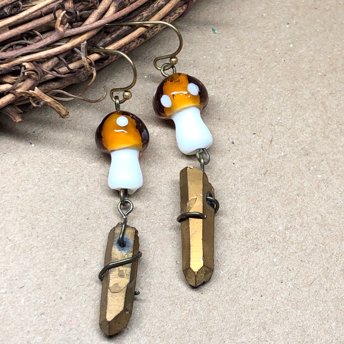 Caramel and white mushroom crystal earrings