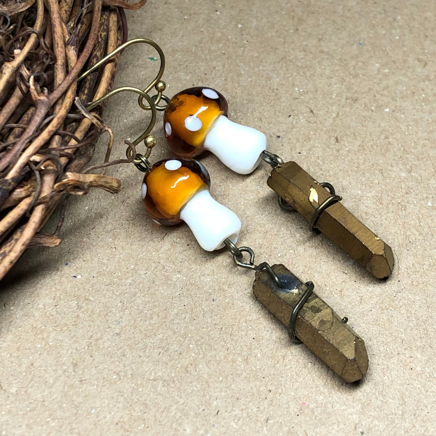 Caramel and white mushroom crystal earrings