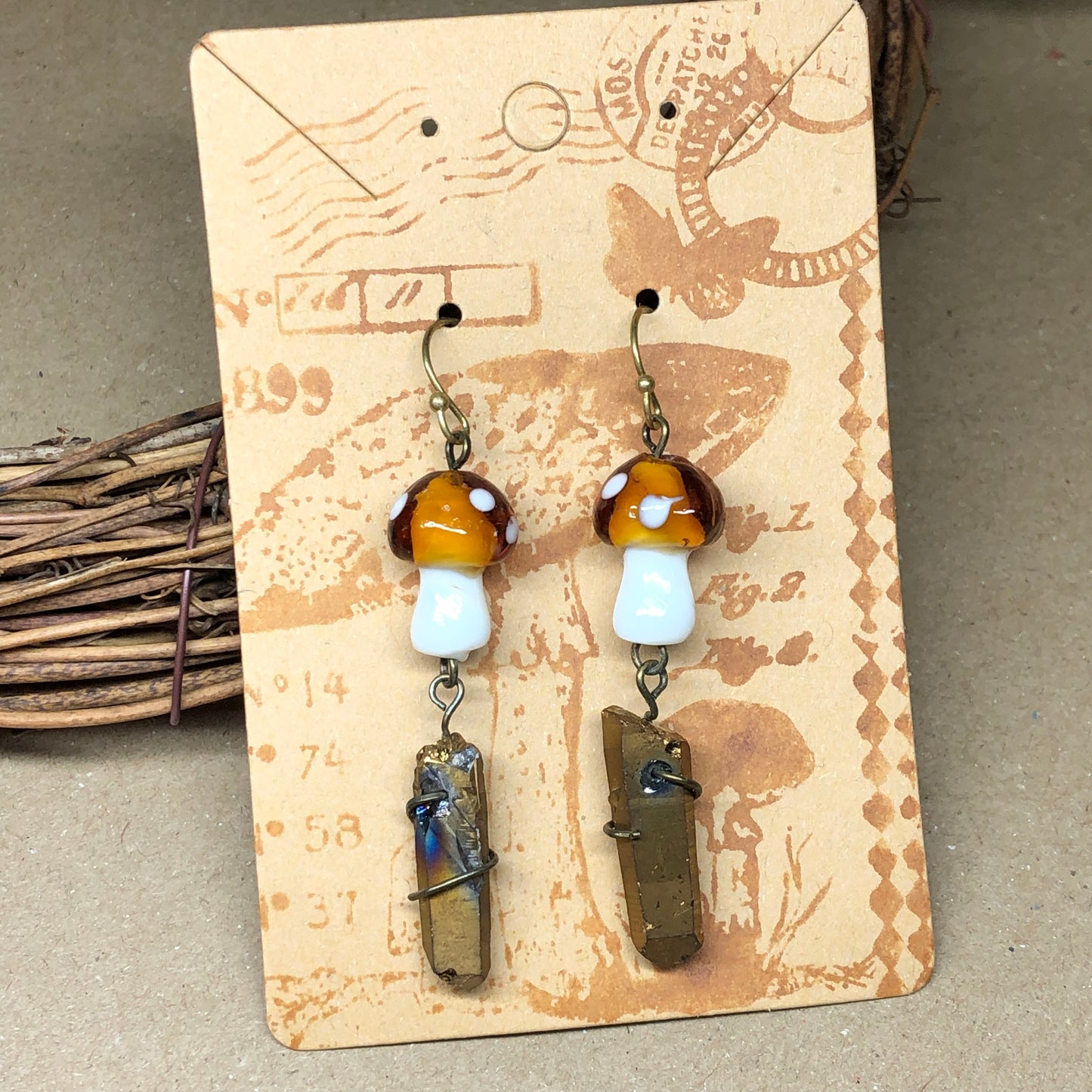 Caramel and white mushroom crystal earrings