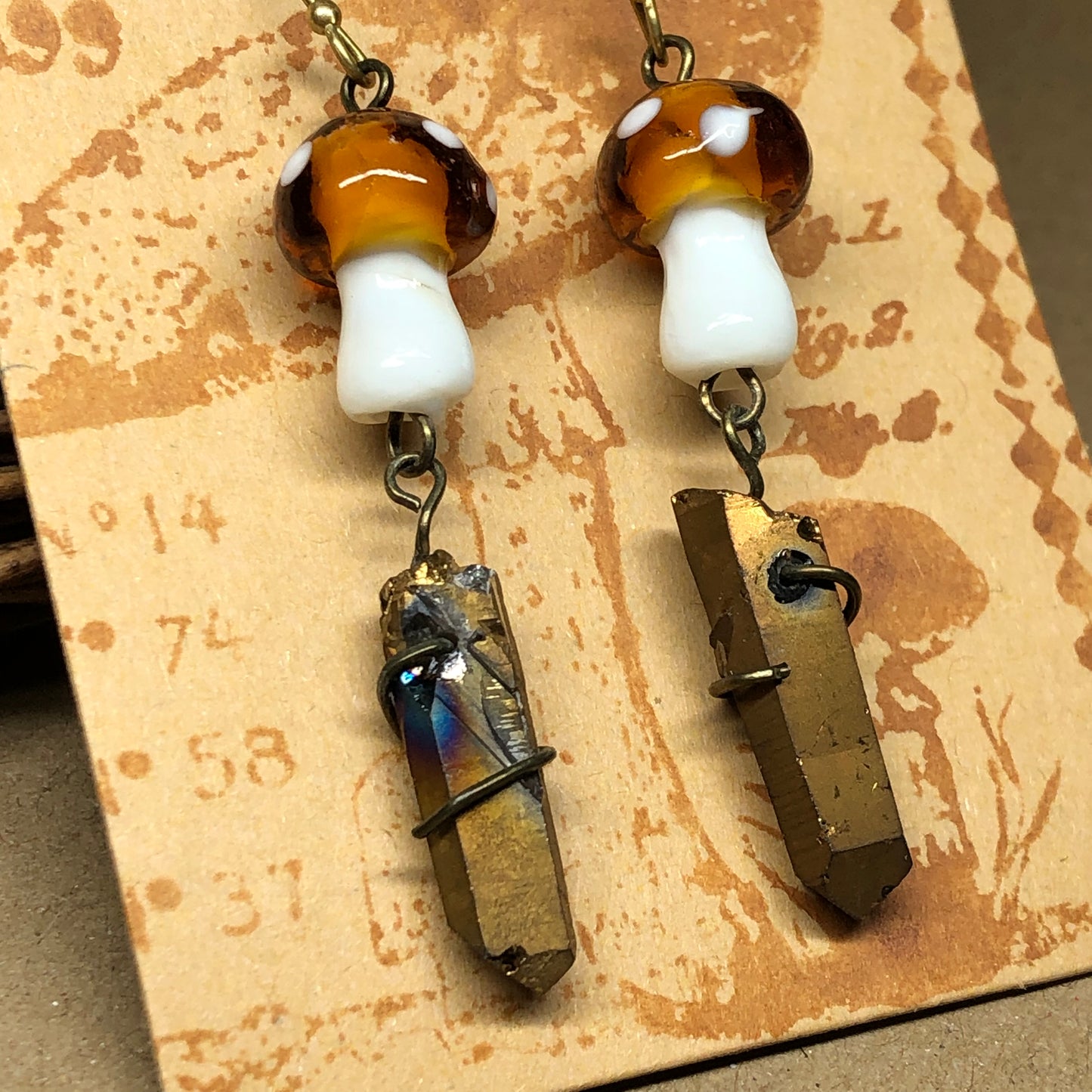 Caramel and white mushroom crystal earrings