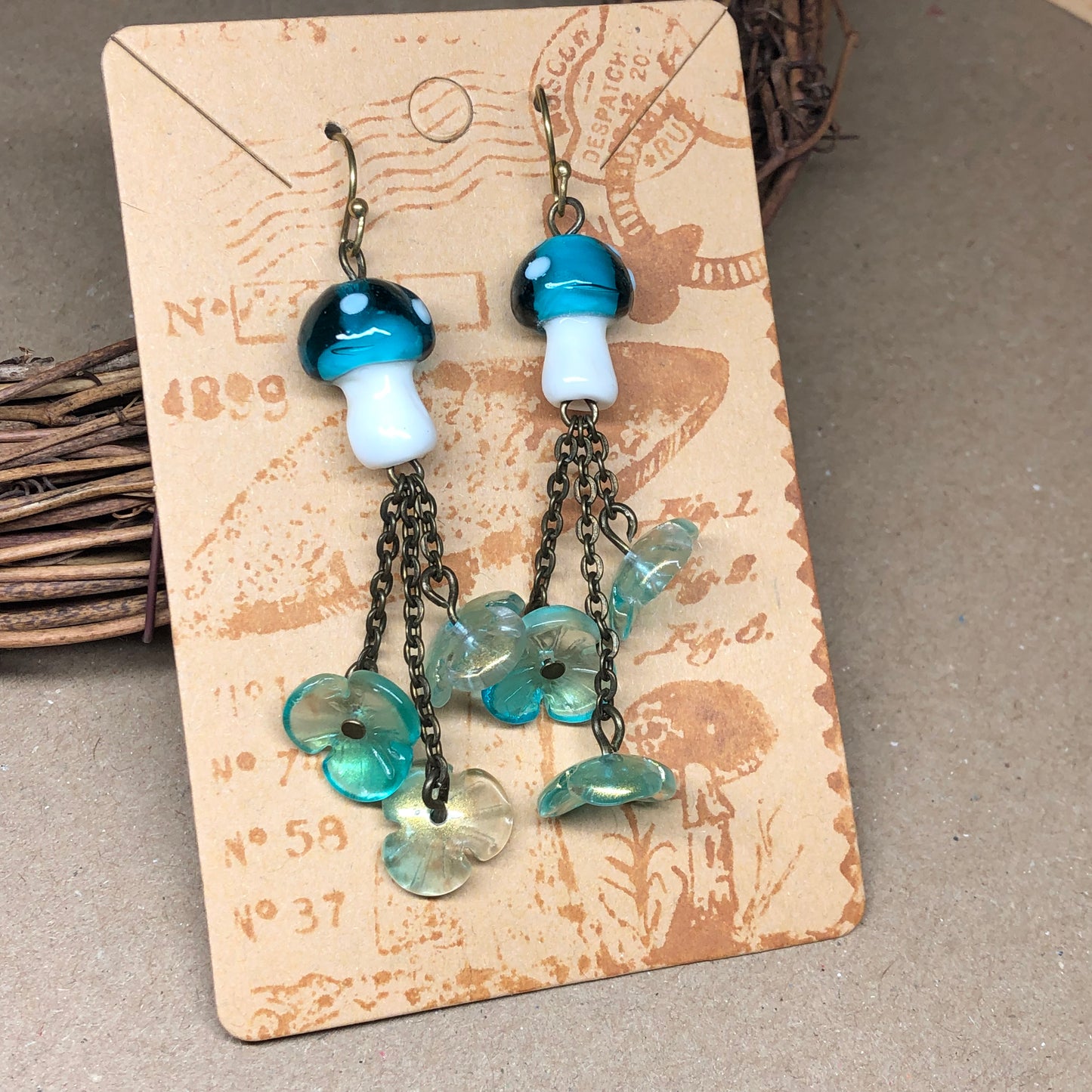 Teal and white mushroom floral earrings