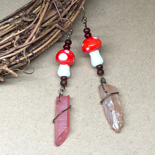 Red and white mushroom crystal earrings