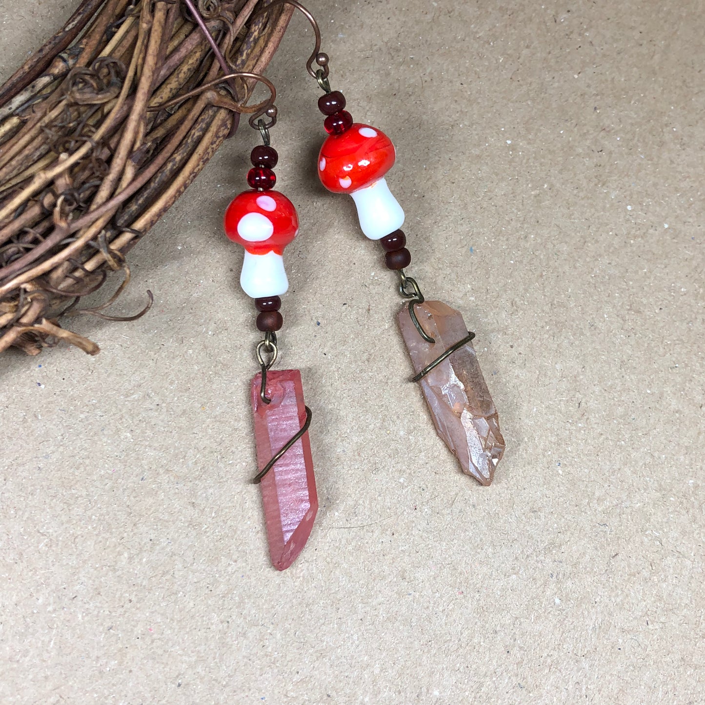 Red and white mushroom crystal earrings